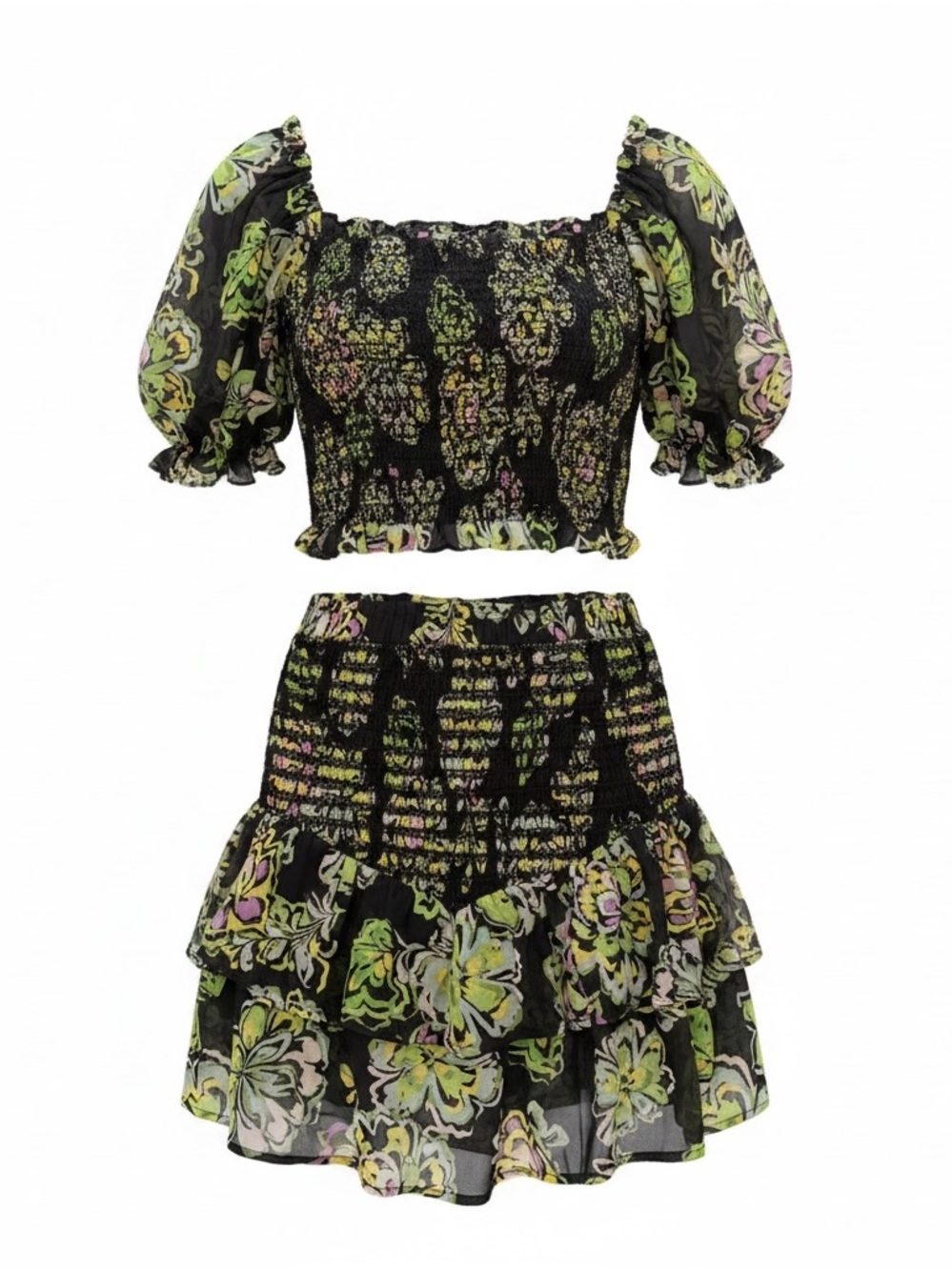 Floral Smocked Mini Dress Set in Black & Green